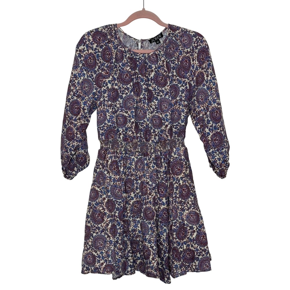 J. Crew Palermo Linen Smocked Waist Dress Size S Blue Red Floral Bouquet Cottage - Picture 1 of 10